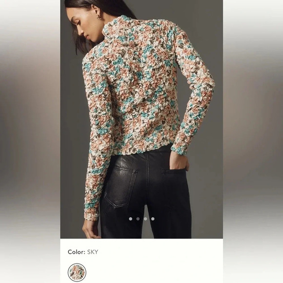 NWT new Anthropologie Dolan printed pebble smocked floral turtleneck large peach - Picture 8 of 16